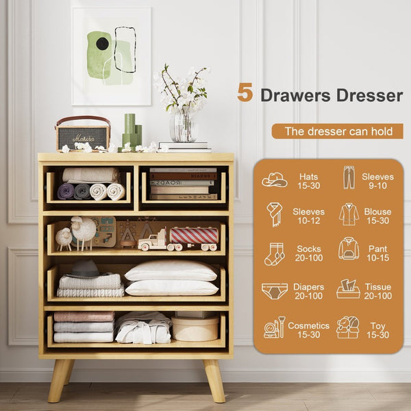 English Elm 5 Drawer Fluted Chest Natural Wood Finish Bohemian Storage for Nursery or Bedroom T3773P415633
