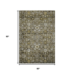 HomeRoots 5' X 8' Coffee Ivory Gold Oriental Area Rug - Washable, Stain Resistant, UV Protected Comfort Style 653781
