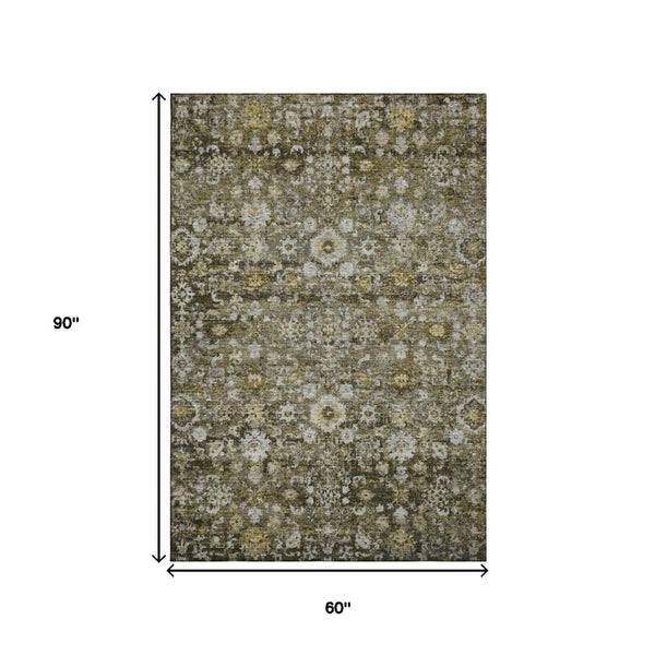 HomeRoots 5' X 8' Coffee Ivory Gold Oriental Area Rug - Washable, Stain Resistant, UV Protected Comfort Style 653781