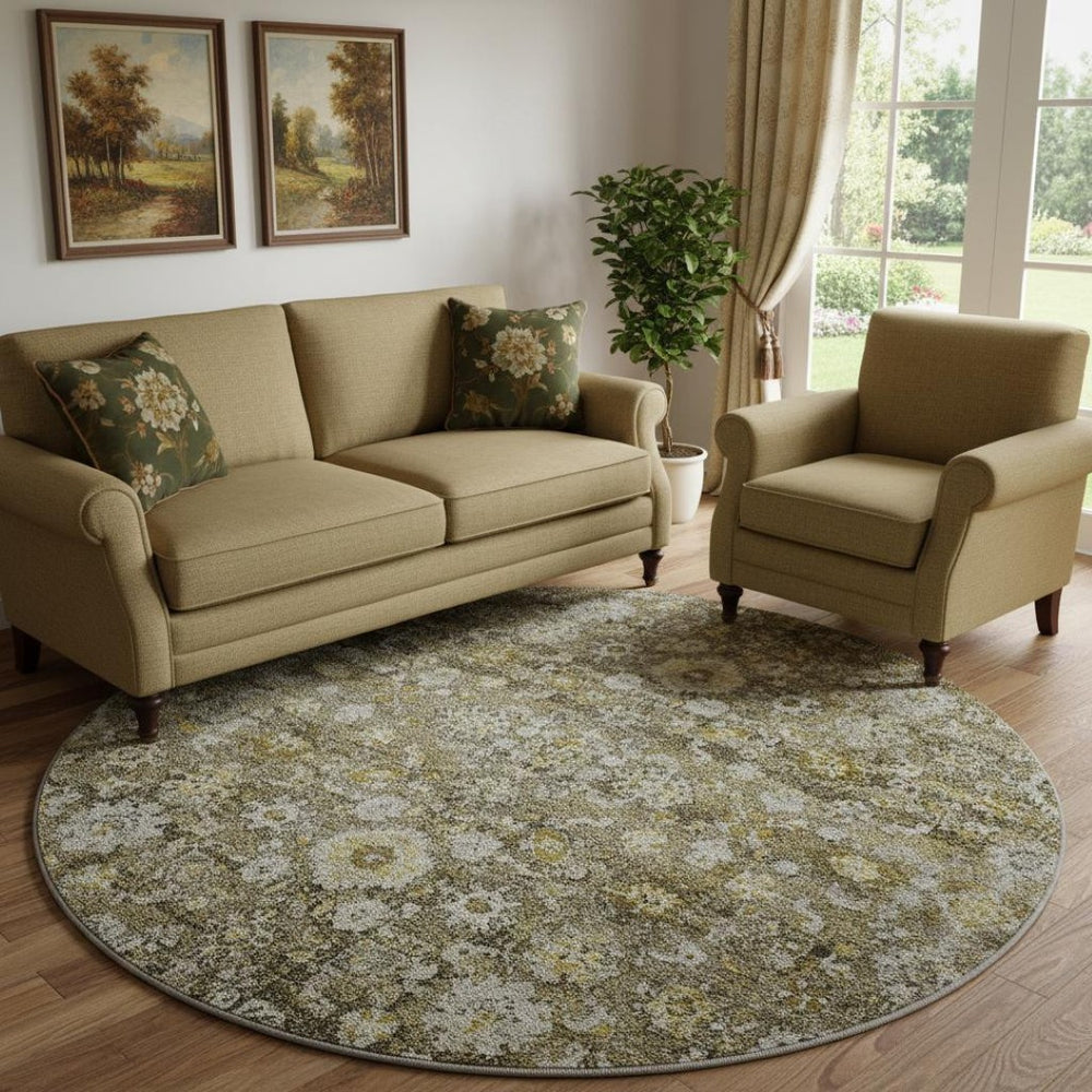 HomeRoots 8' Coffee Ivory and Gold Washable Oriental Round Rug with UV Protection for Elegant Spaces 653782
