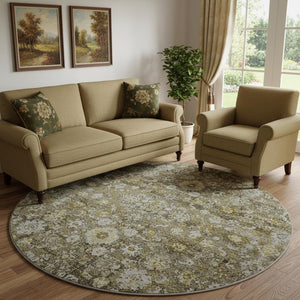 HomeRoots 8' Coffee Ivory and Gold Washable Oriental Round Rug with UV Protection for Elegant Spaces 653782