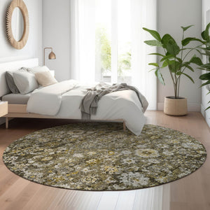 HomeRoots 8' Coffee Ivory and Gold Washable Oriental Round Rug with UV Protection for Elegant Spaces 653782