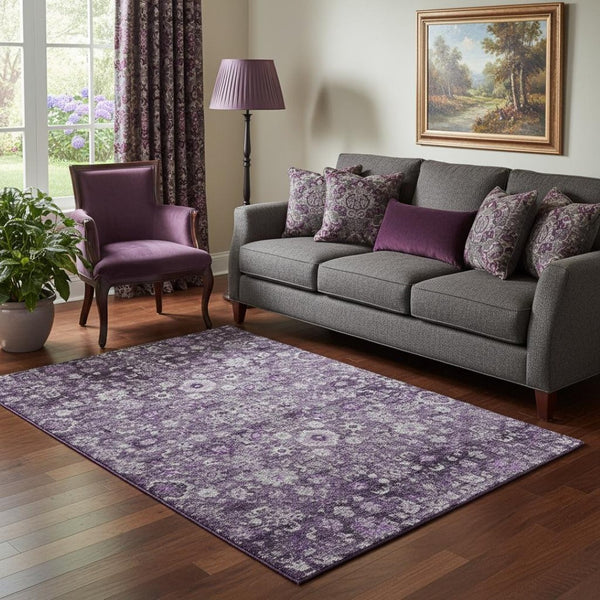 HomeRoots 5' X 8' Purple & Ivory Oriental Area Rug - Durable, Washable, UV-Protected for Family Living Rooms 653787