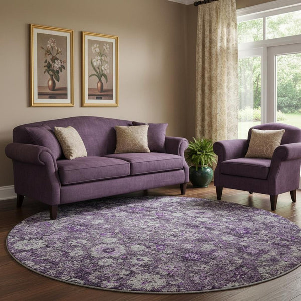 HomeRoots 8' Purple and Ivory Oriental Round Rug - Washable, UV Protected, Durable for Homes with Kids & Pets 653788