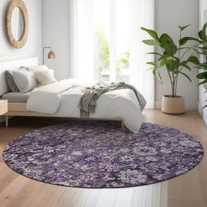 HomeRoots 8' Purple and Ivory Oriental Round Rug - Washable, UV Protected, Durable for Homes with Kids & Pets 653788
