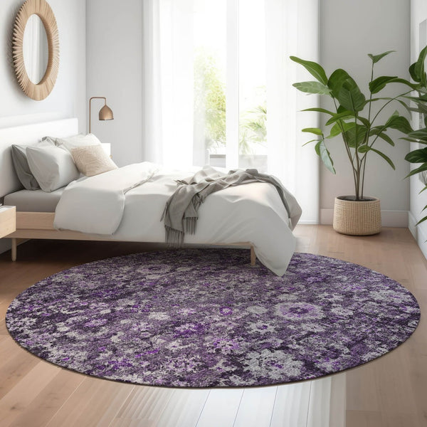 HomeRoots 8' Purple and Ivory Oriental Round Rug - Washable, UV Protected, Durable for Homes with Kids & Pets 653788