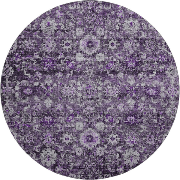 HomeRoots 8' Purple and Ivory Oriental Round Rug - Washable, UV Protected, Durable for Homes with Kids & Pets 653788