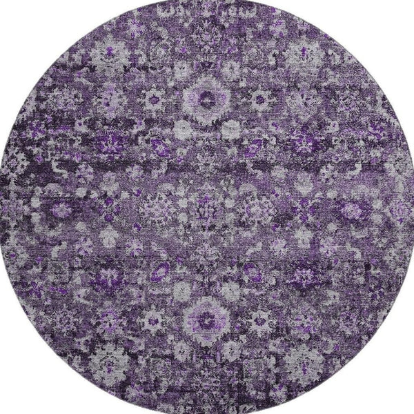 HomeRoots 8' Purple and Ivory Oriental Round Rug - Washable, UV Protected, Durable for Homes with Kids & Pets 653788