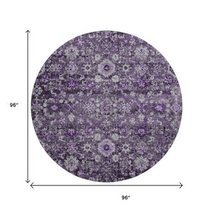 HomeRoots 8' Purple and Ivory Oriental Round Rug - Washable, UV Protected, Durable for Homes with Kids & Pets 653788