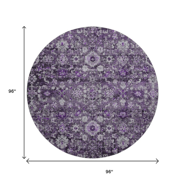 HomeRoots 8' Purple and Ivory Oriental Round Rug - Washable, UV Protected, Durable for Homes with Kids & Pets 653788