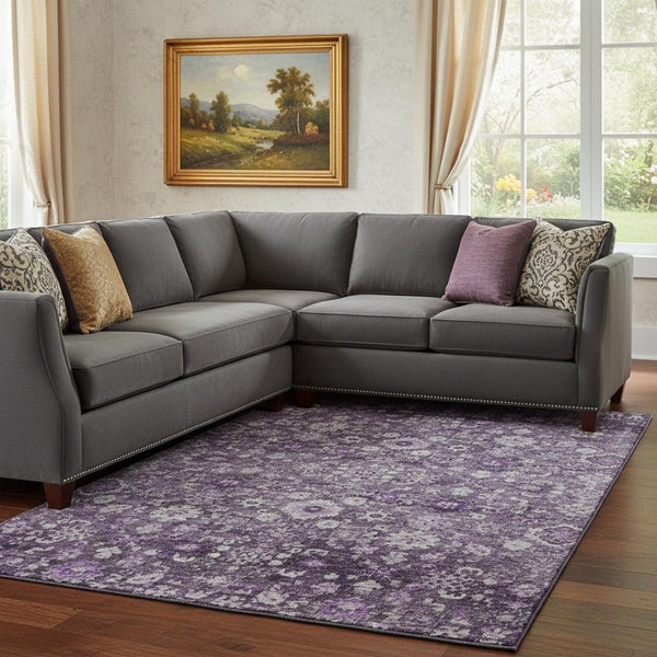 HomeRoots 8' X 10' Purple and Ivory Washable Oriental Area Rug with UV Protection for Kid and Pet Friendly Homes 653789