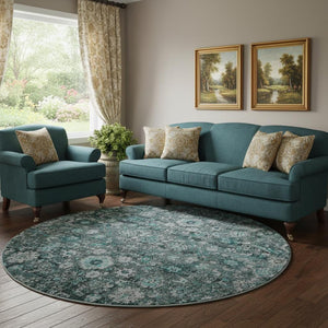 HomeRoots 8' Teal and Aqua Oriental Round Rug - Durable, Washable, UV-Protected, Perfect for Busy Homes! 653800
