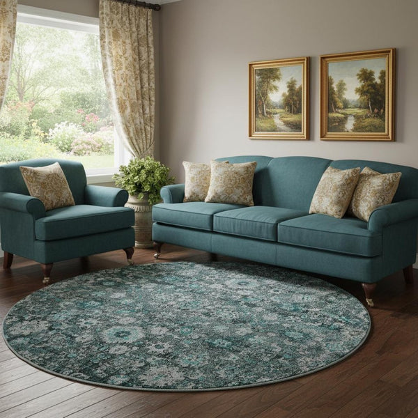 HomeRoots 8' Teal and Aqua Oriental Round Rug - Durable, Washable, UV-Protected, Perfect for Busy Homes! 653800