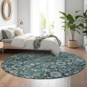 HomeRoots 8' Teal and Aqua Oriental Round Rug - Durable, Washable, UV-Protected, Perfect for Busy Homes! 653800