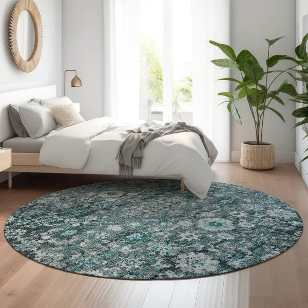 HomeRoots 8' Teal and Aqua Oriental Round Rug - Durable, Washable, UV-Protected, Perfect for Busy Homes! 653800