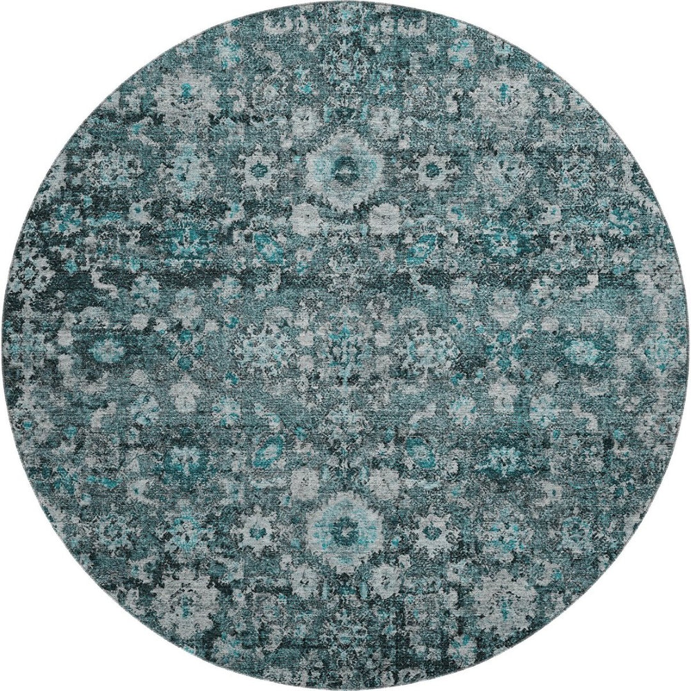 HomeRoots 8' Teal and Aqua Oriental Round Rug - Durable, Washable, UV-Protected, Perfect for Busy Homes! 653800