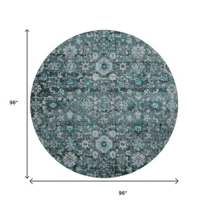 HomeRoots 8' Teal and Aqua Oriental Round Rug - Durable, Washable, UV-Protected, Perfect for Busy Homes! 653800