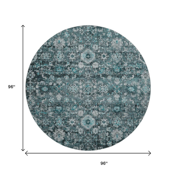 HomeRoots 8' Teal and Aqua Oriental Round Rug - Durable, Washable, UV-Protected, Perfect for Busy Homes! 653800