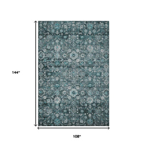 HomeRoots 9' X 12' Teal and Aqua Oriental Area Rug - Washable, UV Protected, Stain-Resistant & Non-Slip Comfort 653802