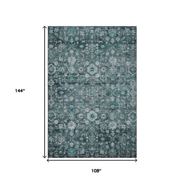HomeRoots 9' X 12' Teal and Aqua Oriental Area Rug - Washable, UV Protected, Stain-Resistant & Non-Slip Comfort 653802