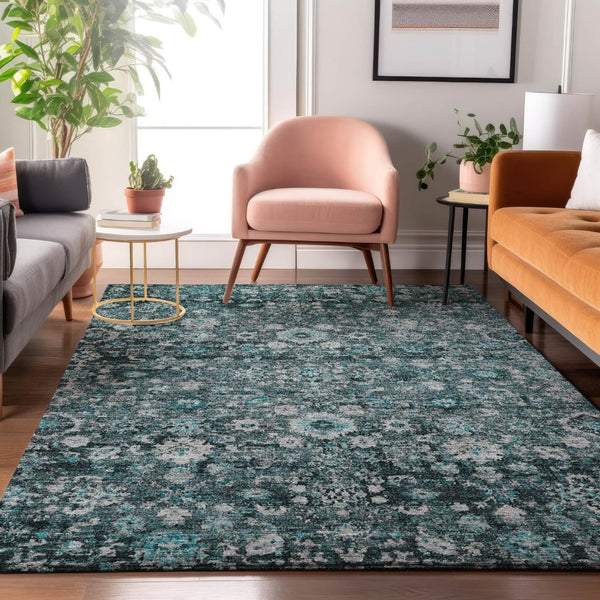 HomeRoots 10' X 14' Teal and Aqua Oriental Area Rug - Washable, UV Protected, Stain Resistant for Easy Care 653803
