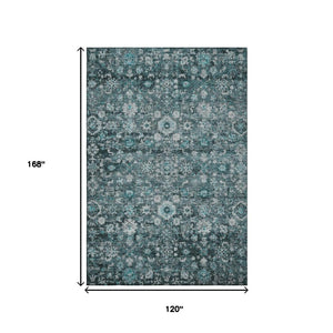 HomeRoots 10' X 14' Teal and Aqua Oriental Area Rug - Washable, UV Protected, Stain Resistant for Easy Care 653803
