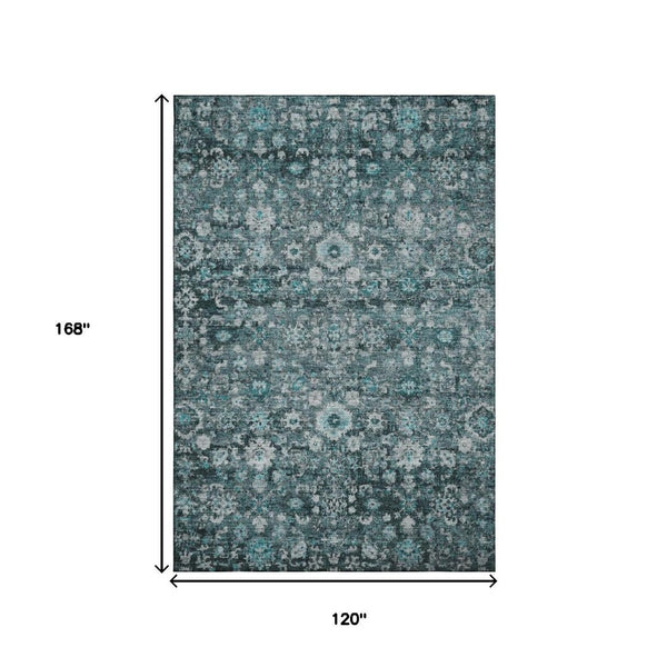 HomeRoots 10' X 14' Teal and Aqua Oriental Area Rug - Washable, UV Protected, Stain Resistant for Easy Care 653803