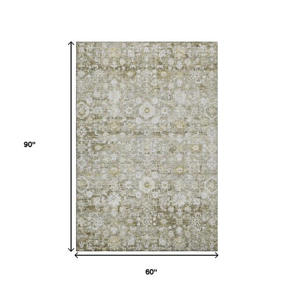 HomeRoots 5' X 8' Elegant Taupe Ivory Gold Washable Oriental Area Rug - Stain Resistant & UV Protected! 653805