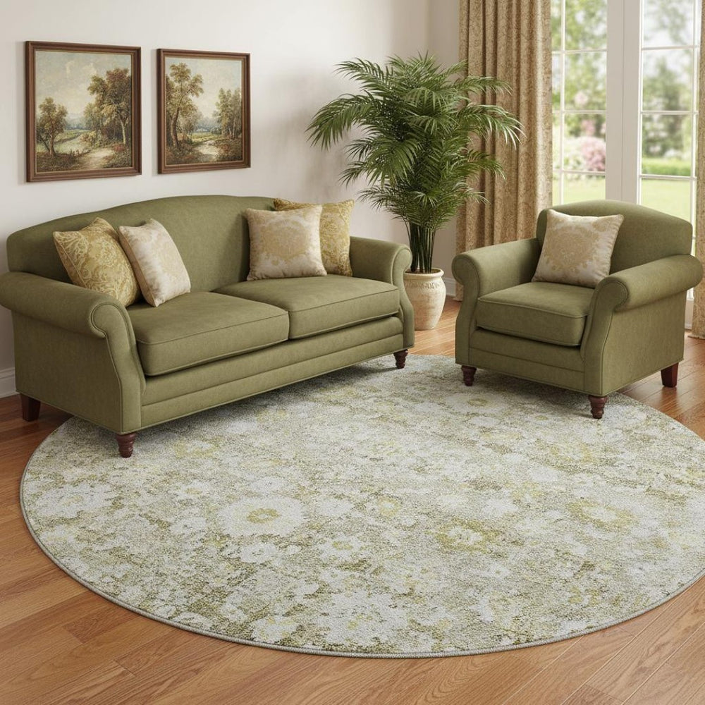 HomeRoots 8' Taupe Ivory and Gold Oriental Round Rug – Washable, UV Protected, Stylish & Durable for Any Room 653806