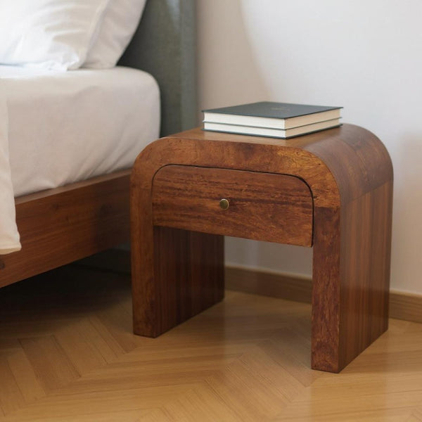 HomeRoots 16" Chestnut Solid Wood Nightstand with Curved Design, One Drawer, Stylish & Versatile Accent Table 653811