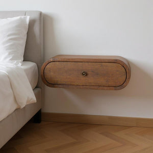 HomeRoots 18" Chestnut Floating Nightstand - Handcrafted Solid Mango Wood, Oval Design with Hidden Storage Drawer 653812
