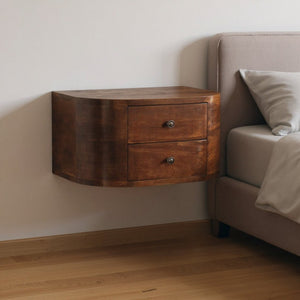 HomeRoots 18" Brown Solid Wood Round Nightstand - Stylish Floating Design with 2 Drawers for Small Spaces 653814