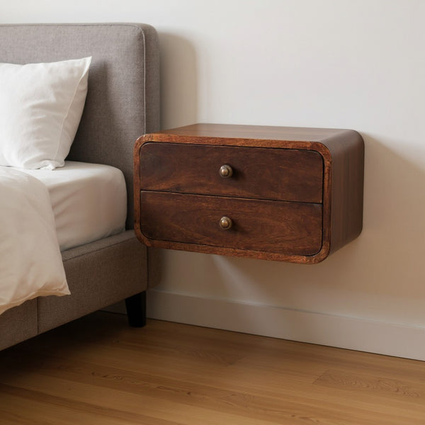 HomeRoots 18" Brown Solid Wood Floating Nightstand with Two Drawers - Modern Design for Small Spaces & Storage 653816