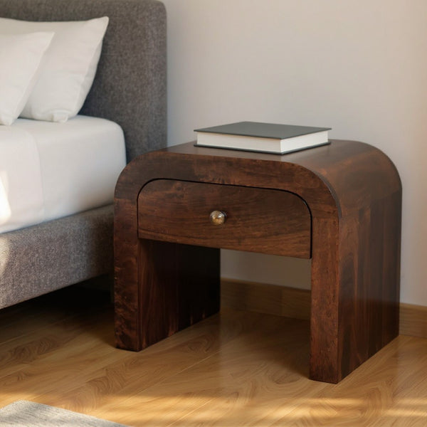 HomeRoots 16" Walnut Solid Wood Nightstand - Elegant One-Drawer Accent Table with Sculptural Design & Storage 653817