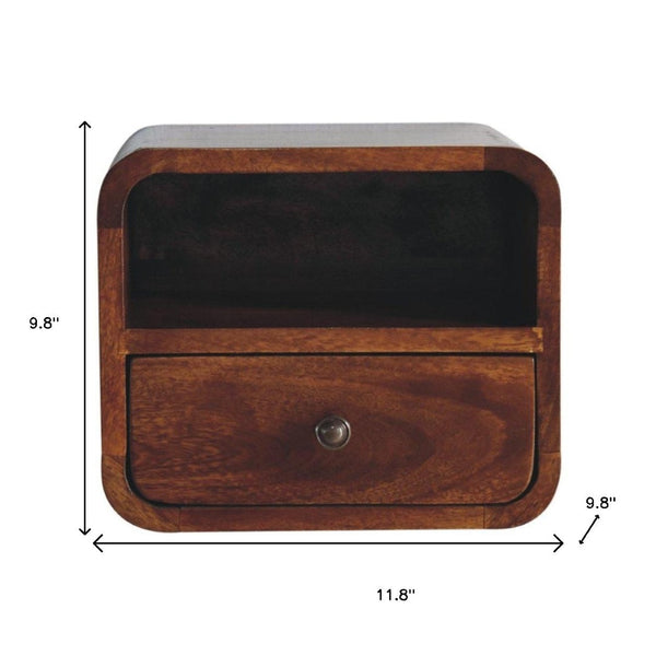 HomeRoots 12" Elegant Brown Solid Wood Floating Nightstand with Drawer & Shelf for Stylish Bedroom Storage 653818