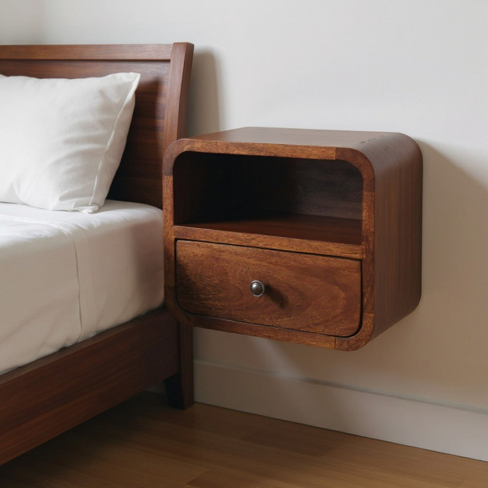 HomeRoots 12" Elegant Brown Solid Wood Floating Nightstand with Drawer & Shelf for Stylish Bedroom Storage 653818