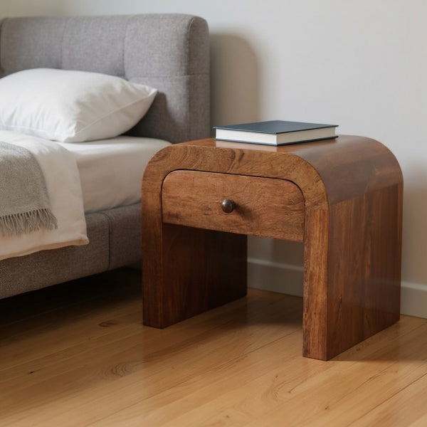 HomeRoots 16" Handcrafted Brown Mango Wood Nightstand with Arched Design - Stylish Storage for Any Room 653819