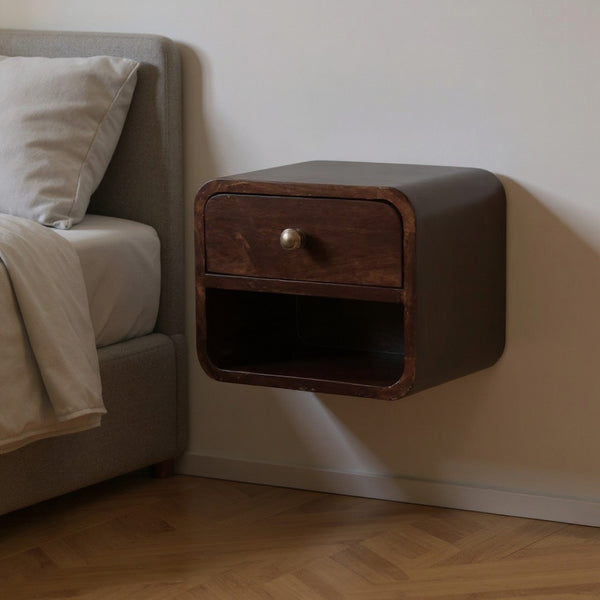HomeRoots 12" Dark Brown Solid Wood Floating Nightstand - Chic Space-Saving Design with Concealed Storage & Shelf 653820