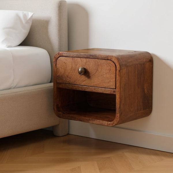 HomeRoots 12" Brown Solid Wood Nightstand - Modern Floating Shelf with Drawer & Open Storage for Any Room 653821