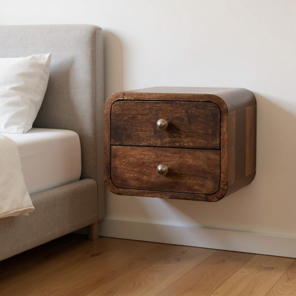 HomeRoots 12" Stylish Walnut Floating Nightstand with Two Drawers – Space-Saving Modern Design for Any Room 653822