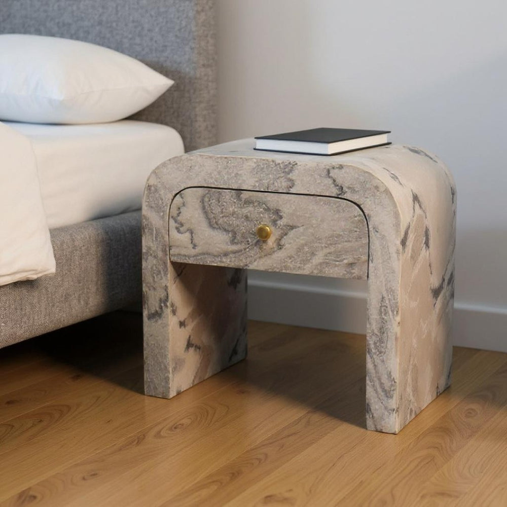 HomeRoots 16" Beige and Gray Faux Marble Nightstand - Stylish One Drawer Storage for Modern Living Spaces 653823