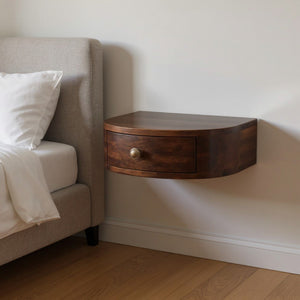 HomeRoots 16" Walnut Floating Nightstand - Elegant Half-Moon Design, Compact Storage, Modern Wall-Mounted Table 653826