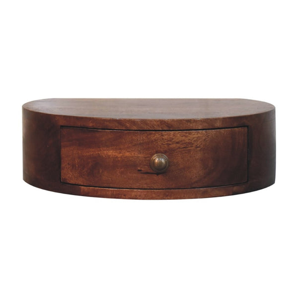 HomeRoots 16" Brown Solid Wood Half-Moon Floating Nightstand with Hidden Drawer for Modern Space-Saving Style 653827