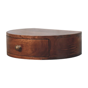 HomeRoots 16" Brown Solid Wood Half-Moon Floating Nightstand with Hidden Drawer for Modern Space-Saving Style 653827