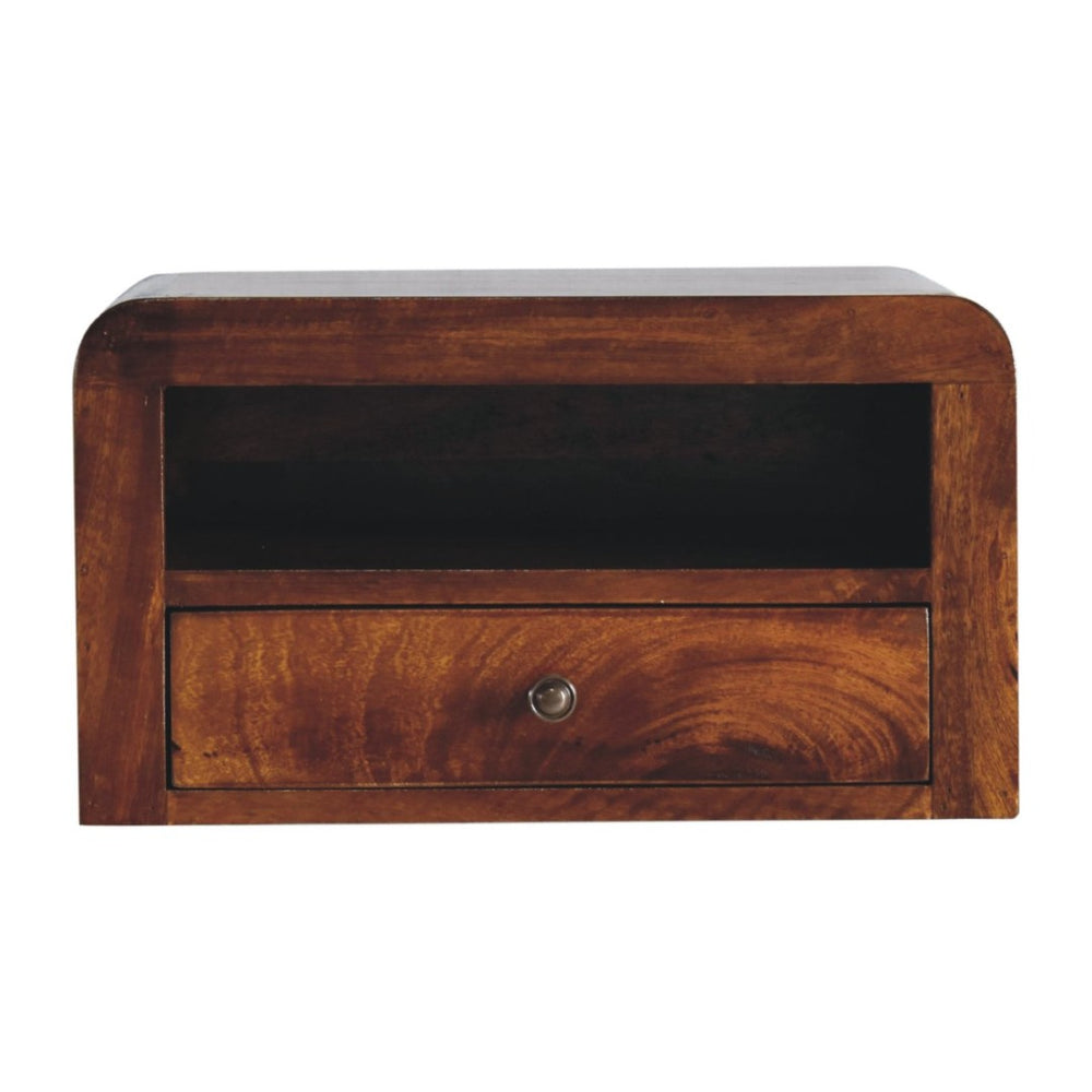 HomeRoots 18" Chestnut Floating Nightstand - Handcrafted Solid Mango Wood with Modern Curved Design & Drawer 653829