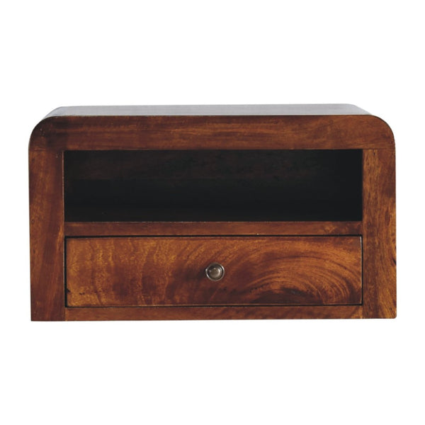 HomeRoots 18" Chestnut Floating Nightstand - Handcrafted Solid Mango Wood with Modern Curved Design & Drawer 653829