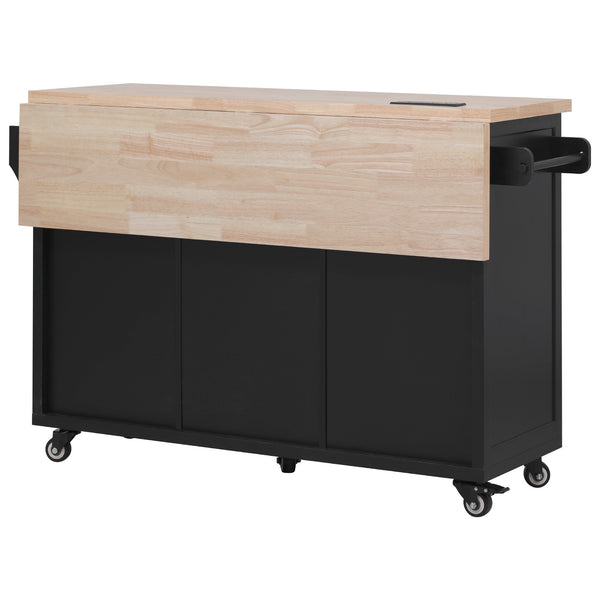 English Elm K&K 56.5" Kitchen Island with Drop Leaf, Embossed Vertical Stripe Barn Doors, Wheels & Charging Hub Black N707P263094B