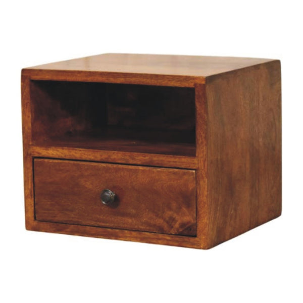 HomeRoots 12" Chestnut Floating Nightstand - Handcrafted Solid Wood with Drawer & Shelf for Space-Saving Style 653830