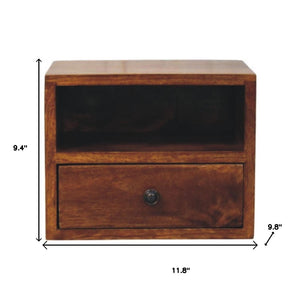 HomeRoots 12" Chestnut Floating Nightstand - Handcrafted Solid Wood with Drawer & Shelf for Space-Saving Style 653830
