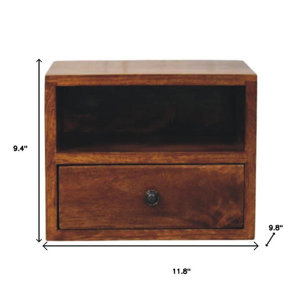 HomeRoots 12" Chestnut Floating Nightstand - Handcrafted Solid Wood with Drawer & Shelf for Space-Saving Style 653830